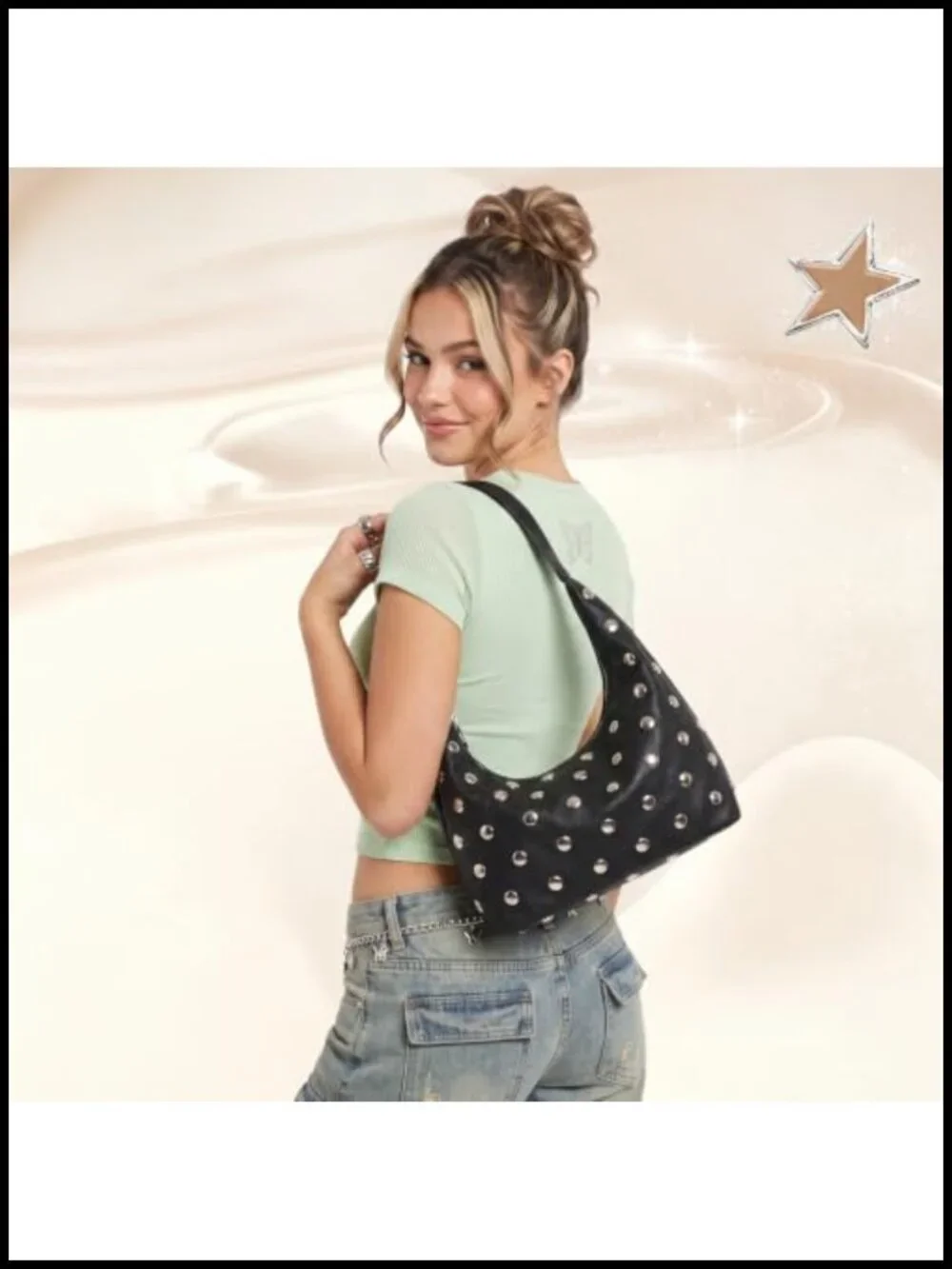 Studded Hobo Bag for Women Slouchy Shoulder Purse PU Leather